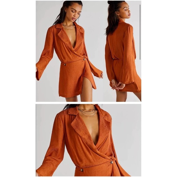 Free People Simone Dress Women's Orange Rust Viscose Blend Blazer Size Small New - Picture 9 of 9